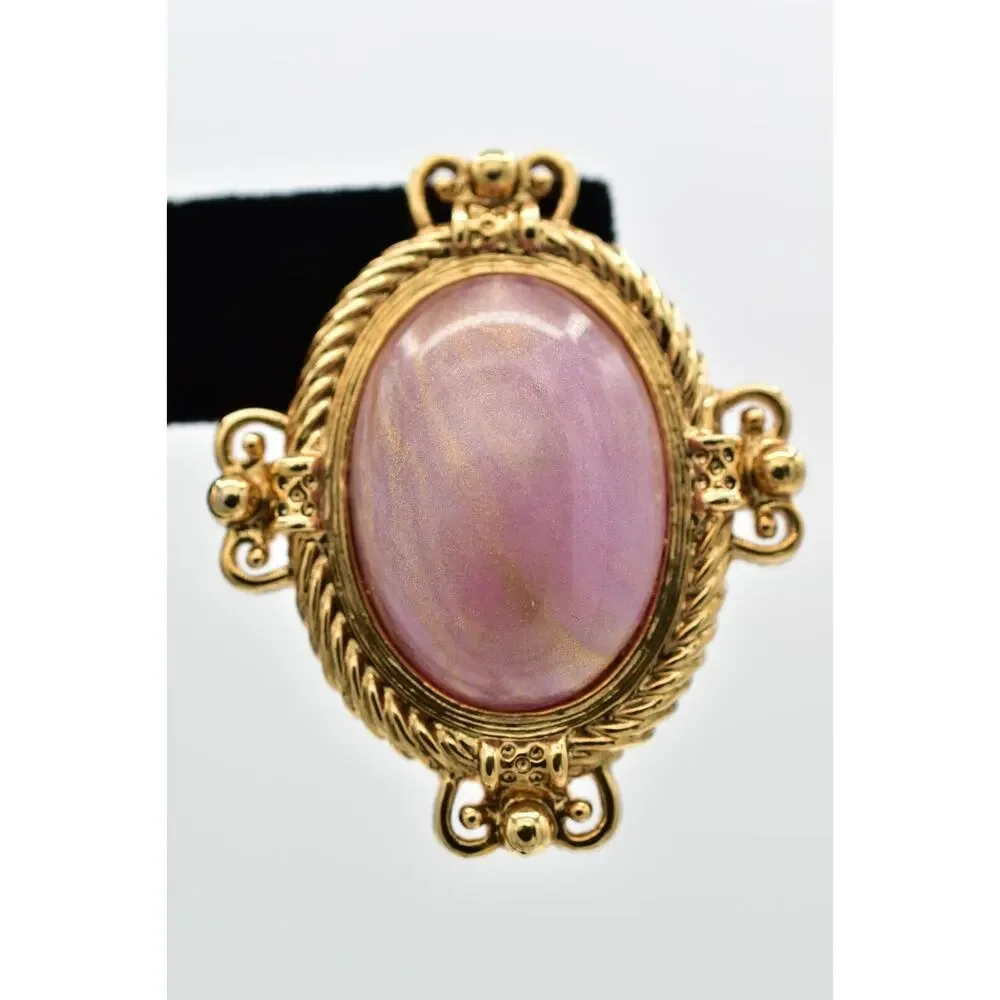 1928 Vintage Cabochon Clip On Earrings Mauve Oval Gold Heavy Chunky 1980s BinBB
